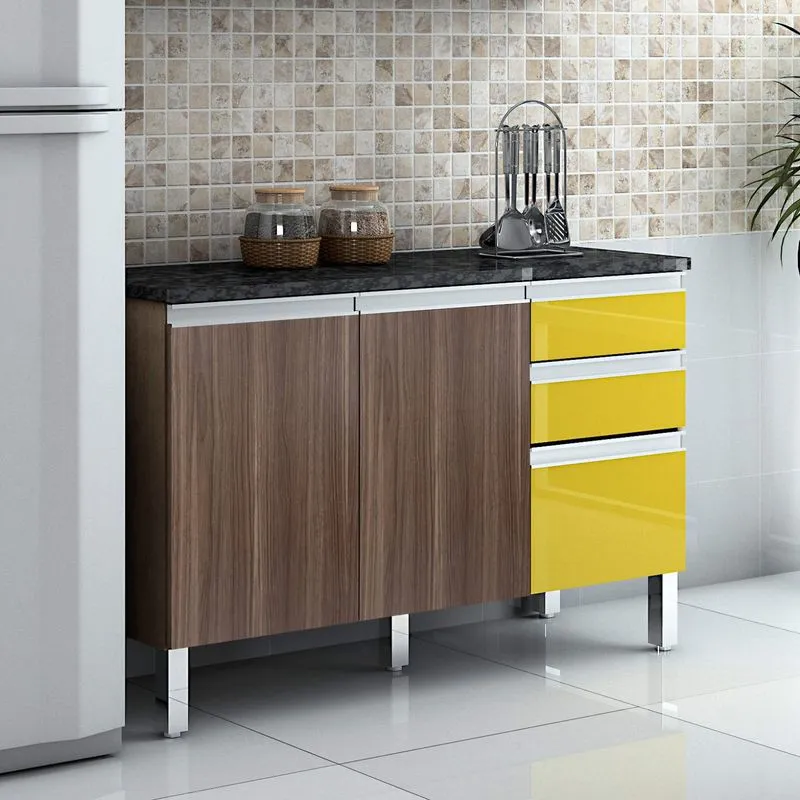 Balcão de Cozinha 2 Portas 3 Gavetas Turmalina CHF Mocaccino/Amarelo