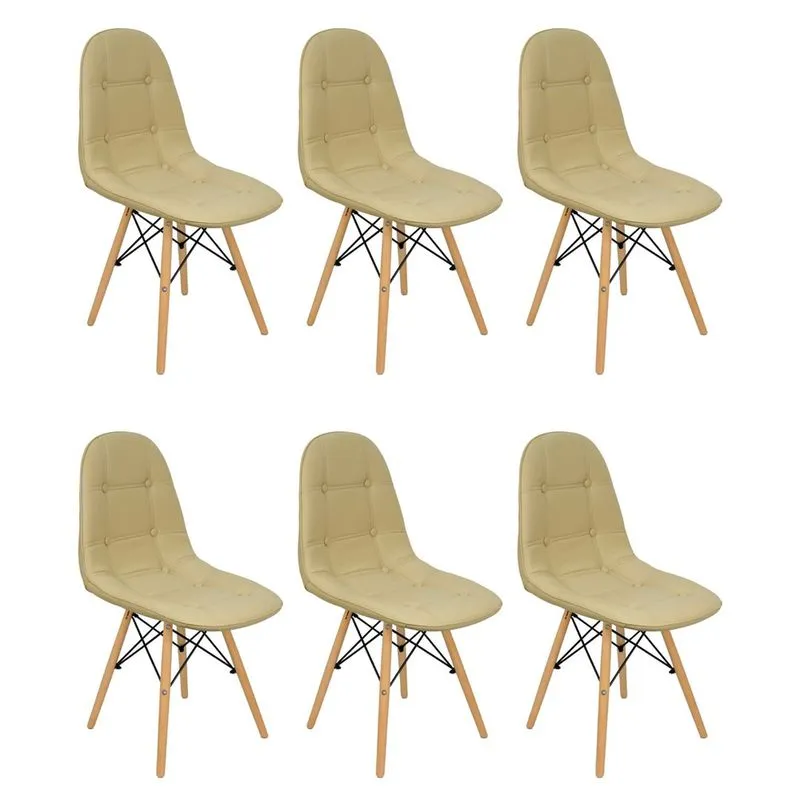 Kit 6 Cadeiras Charles Eames Botonê Eiffel Estofada Bege