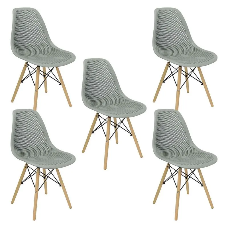 Kit 5 Cadeiras Colmeia Furadinha Heloisa Eloá Charles Eames Eiffel Base Madeira - Cinza