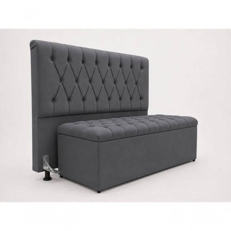 Kit Cabeceira E Calçadeira Baú Mallu Casal 140cm Veludo Cinza Grafite Click Home