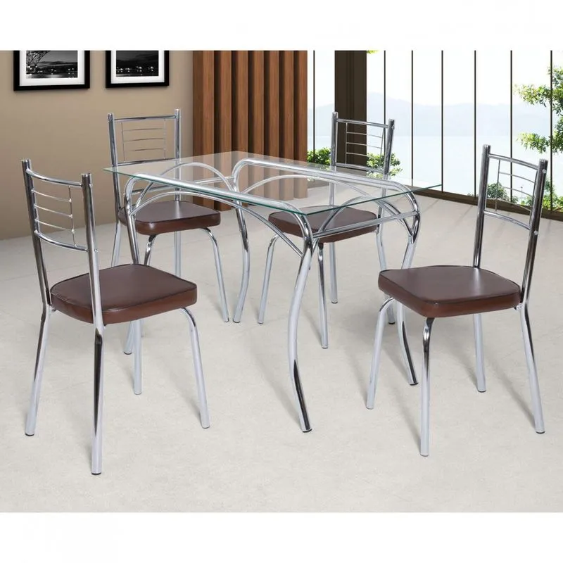 Conjunto de Mesa Tampo Vidro Lion com 4 Cadeiras Juliana Art Panta Cromado/Marrom