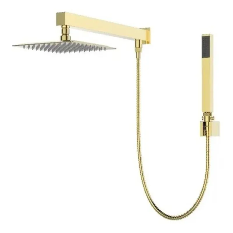 Ducha Chuveiro Slim Prizi Quadrado 20x20cm Inox 304 Dourada com Braço e Desviador