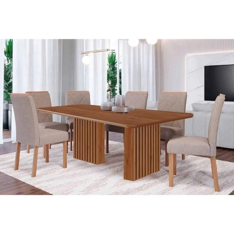 Conjunto de Jantar Ester 6 Lugares Tampo Madeirado Cinamomo Carvalho Linho Bege 180x90cm Cimol