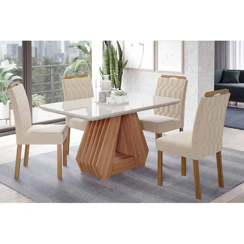 Conjunto: Mesa Sala Jantar Ágata Tampo Madeirado c/ Vidro 130x80cm e 4 Cadeiras Paola Cinamomo/Off White - Carvalho/Suede Nude Bege Cimol