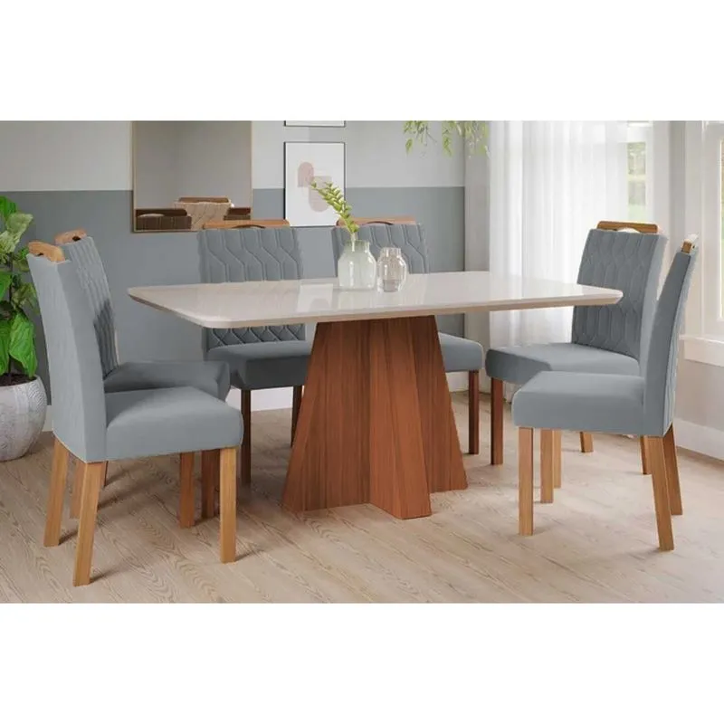 Conjunto: Mesa Sala Jantar Maitê Tampo Madeirado c/ Vidro 160x80cm e 6 Cadeiras Paola Cinamomo/Off White - Carvalho/Linho Grafite Cimol