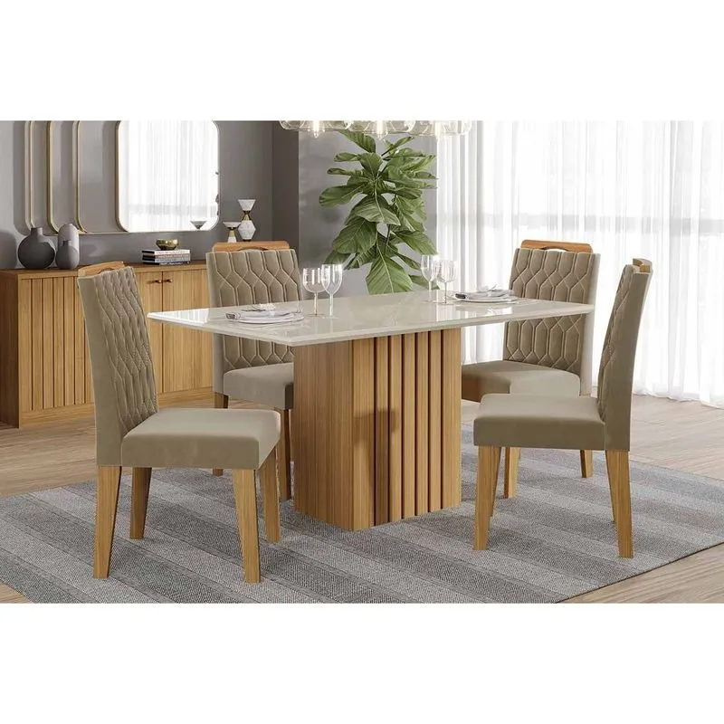 Conjunto: Mesa de Cozinha Ana Tampo Madeirado c/ Vidro 130x80cm e 4 Cadeiras Paola Cinamomo/Off White - Carvalho/Linho Bege - Cimol