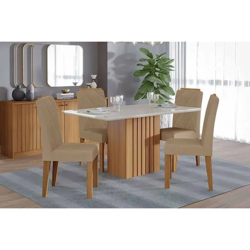Conjunto: Mesa de Cozinha Ana Tampo Madeirado c/ Vidro 130x80cm e 4 Cadeiras Fernanda Nature/Off White - Carvalho/Suede Nude Bege - Cimol