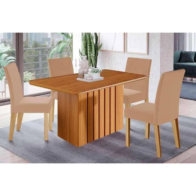 Conjunto: Mesa de Cozinha Ana Tampo Madeirado 130x80cm e 4 Cadeiras Maia Cinamomo - Cinamomo/Suede Gengibre Bege - Cimol