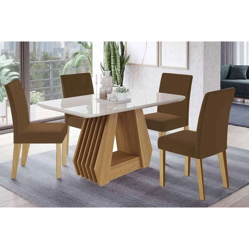 Conjunto: Mesa de Cozinha Ágata Tampo Madeirado c/ Vidro 180x90cm e 6 Cadeiras Maia Nature/Off White - Nature/Suede Mascavo Chocolate - Cimol