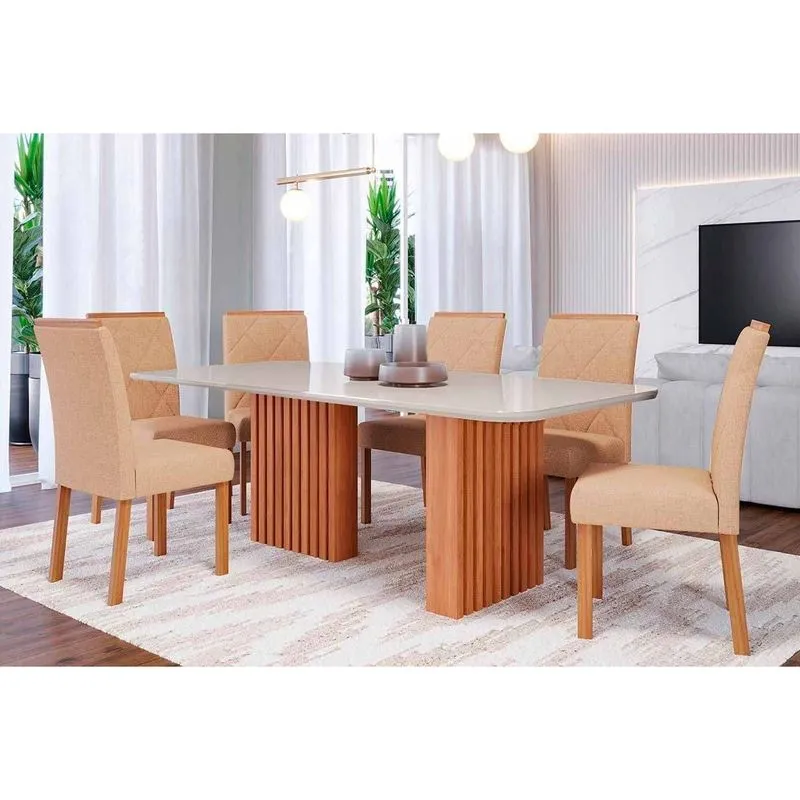 Conjunto: Mesa de Cozinha Ester Tampo Madeirado c/ Vidro 180x90cm e 6 Cadeiras Fernanda Cinamomo/Off White - Carvalho/Suede Nude Bege - Cimol