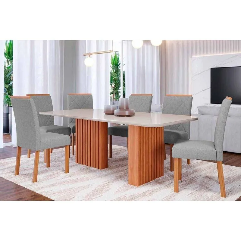 Conjunto: Mesa De Cozinha Ester Tampo Madeirado C/ Vidro 180x90cm E 6 Cadeiras Fernanda Cinamomo/off White - Carvalho/linho Grafite - Cimol