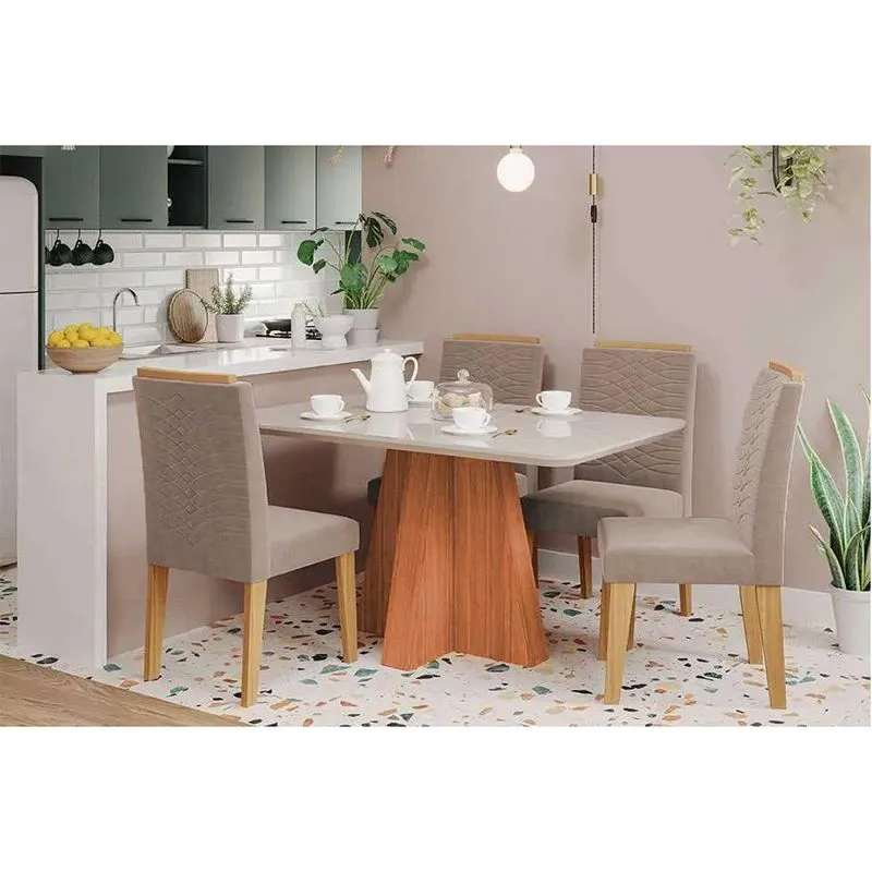 Conjunto: Mesa De Cozinha Maitê Tampo Madeirado C/ Vidro 130x80cm E 4 Cadeiras Clarice Cinamomo/off White - Carvalho/linho Bege - Cimol