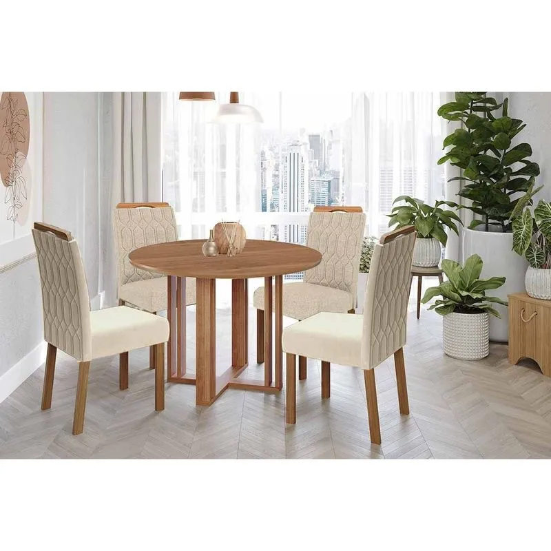 Conjunto: Mesa de Cozinha Flora Tampo Madeirado 109cm e 4 Cadeiras Paola Cinamomo - Carvalho/Suede Nude Bege - Cimol