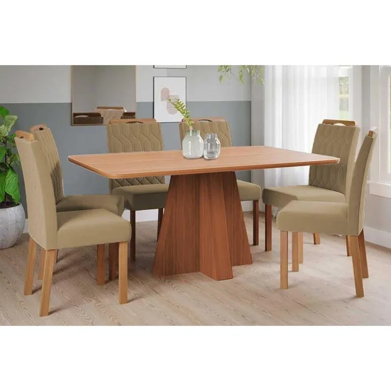 Sala De Jantar Completa Maitê Tampo Madeirado 160x80cm E 6 Cadeiras Paola Cinamomo - Carvalho/suede Joli Capuccino - Cimol