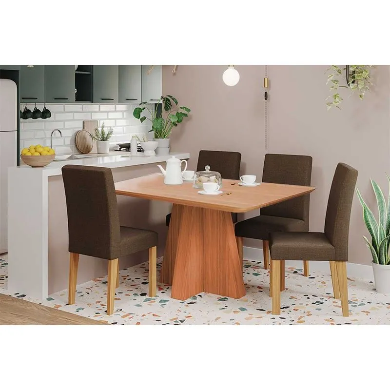 Sala de Jantar Completa Maitê Tampo Madeirado 130x80cm e 4 Cadeiras Maia Cinamomo - Nature/Suede Mascavo Chocolate - Cimol