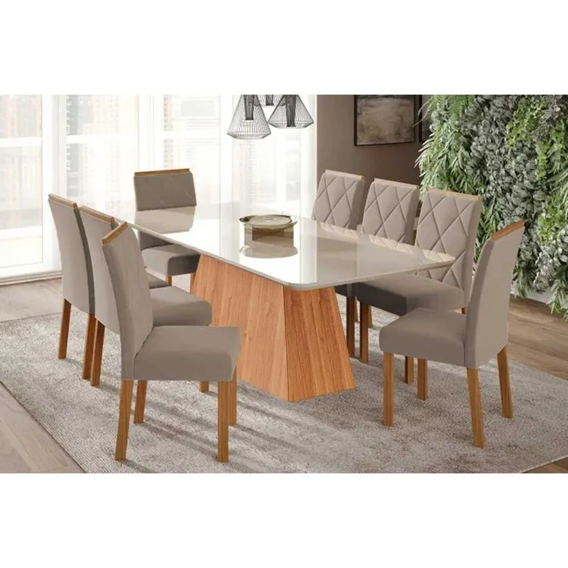 Sala de Jantar Completa Helena Tampo Madeirado c/ Vidro 210x100cm e 8 Cadeiras Fernanda Cinamomo/Off White - Carvalho/Suede Joli Capuccino - Cimol
