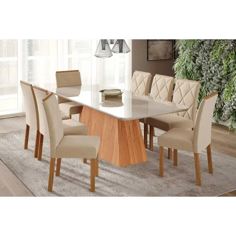 Sala de Jantar Completa Helena Tampo Madeirado c/ Vidro 210x100cm e 8 Cadeiras Fernanda Cinamomo/Off White - Carvalho/Suede Nude Bege - Cimol