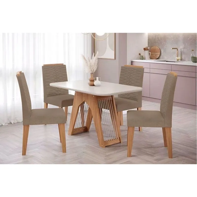 Conjunto: Mesa de Cozinha Carol Tampo Madeirado c/ Vidro 130x80cm e 4 Cadeiras Clarice Nature/Suede Joli Chocolate - Cimol