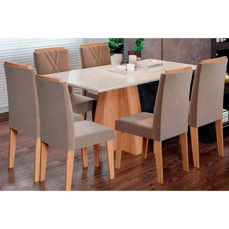 Conjunto: Mesa Sala Jantar Maitê Tampo Madeirado c/ Vidro Canto Curvo 160X80cm e 6 Cadeiras Nicole Nature/Suede Joli Chocolate - Cimol