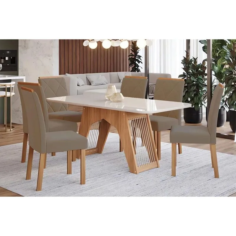 Conjunto: Mesa Sala Jantar Carol Tampo Madeirado c/ Vidro 180x90cm e 6 Cadeiras Fernanda Madeirado/Suede Joli Capuccino - Cimol