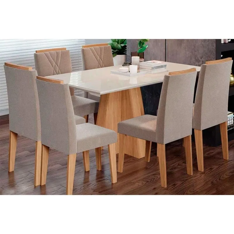 Conjunto: Mesa Sala Jantar Patricia c/ Tampo Madeirado c/ Vidro Canto Reto 160x80cm e 6 Cadeiras Nicole Nature/Linho Bege - Cimol