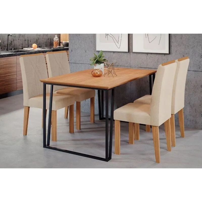 Conjunto: Mesa de Cozinha Lisa Tampo Madeirado c/ Vidro 130x80cm e 4 Cadeiras Nicole Nature/Suede Nude Bege - Cimol