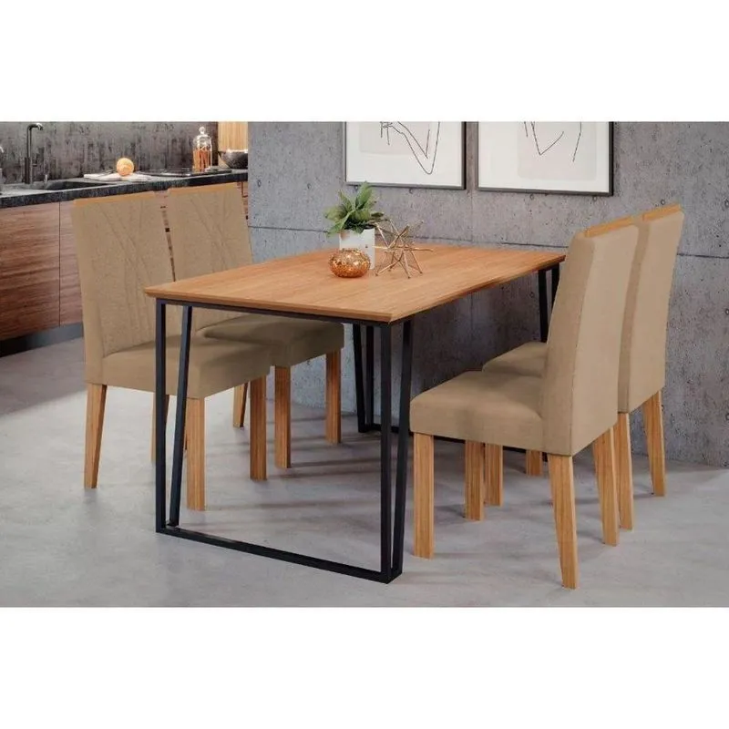 Conjunto: Mesa De Cozinha Lisa Tampo Madeirado c- Vidro 130x80cm E 4 Cadeiras Nicole Savana-nature-suede Pluma-joli Capuccino - Cimol