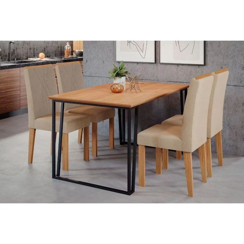 Conjunto: Mesa de Cozinha Lisa Tampo Madeirado c/ Vidro 130x80cm e 4 Cadeiras Nicole Savana-Nature/Suede Nude Bege - Cimol