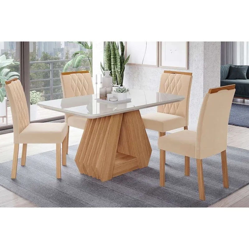 Sala de Jantar Completa Ágata Tampo Madeirado c/ Vidro 130x80cm e 4 Cadeiras Juliana Madeirado/Suede Nude Bege - Cimol