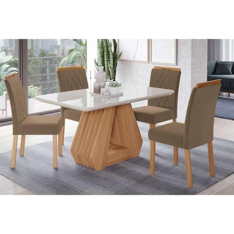 Sala De Jantar Completa ágata Tampo Madeirado c- Vidro 130x80cm E 4 Cadeiras Juliana Madeirado-suede Joli Capuccino - Cimol