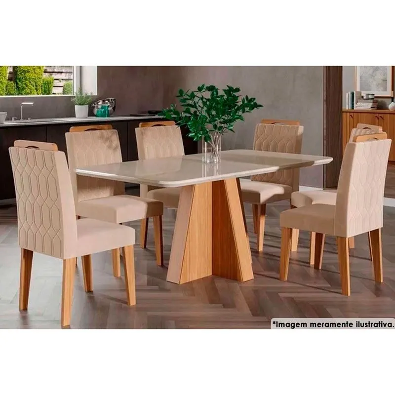 Sala de Jantar Completa Maite c/ Tampo Madeirado c/ Vidro Canto Curvo 160X80cm e 6 Cadeiras Paola Nature/Off White - Carvalho/Suede Nude Bege - Cimol