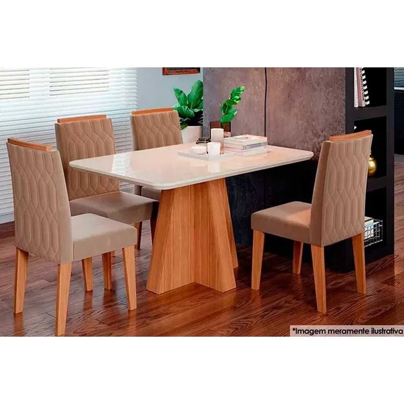 Sala de Jantar Completa Maite c/ Tampo Madeirado c/ Vidro Canto Curvo 130x80cm e 4 Cadeiras Paola Savana/Nature/Suede Capuccino - Cimol