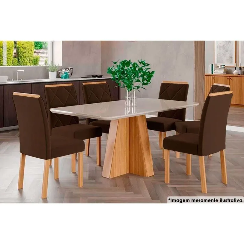Sala de Jantar Completa Maite c/ Tampo Madeirado c/ Vidro Canto Curvo 130x80cm e 6 Cadeiras Maia Nature/Suede Mascavo Chocolate - Cimol