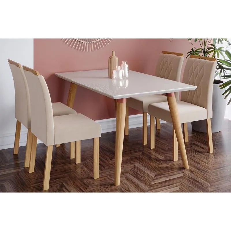 Conjunto: Mesa Sala Jantar Adele c/ Tampo Madeirado 130cm + 4 Cadeiras Juliana Madeira/Suede Nude - Cimol