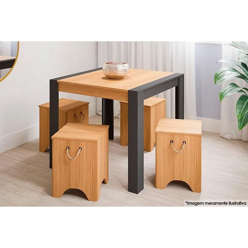 Conjunto: Mesa de Cozinha Grace c/ Tampo Madeirado 90cm + 4 Bancos Kim Nature/Suede Chumbo - Cimol