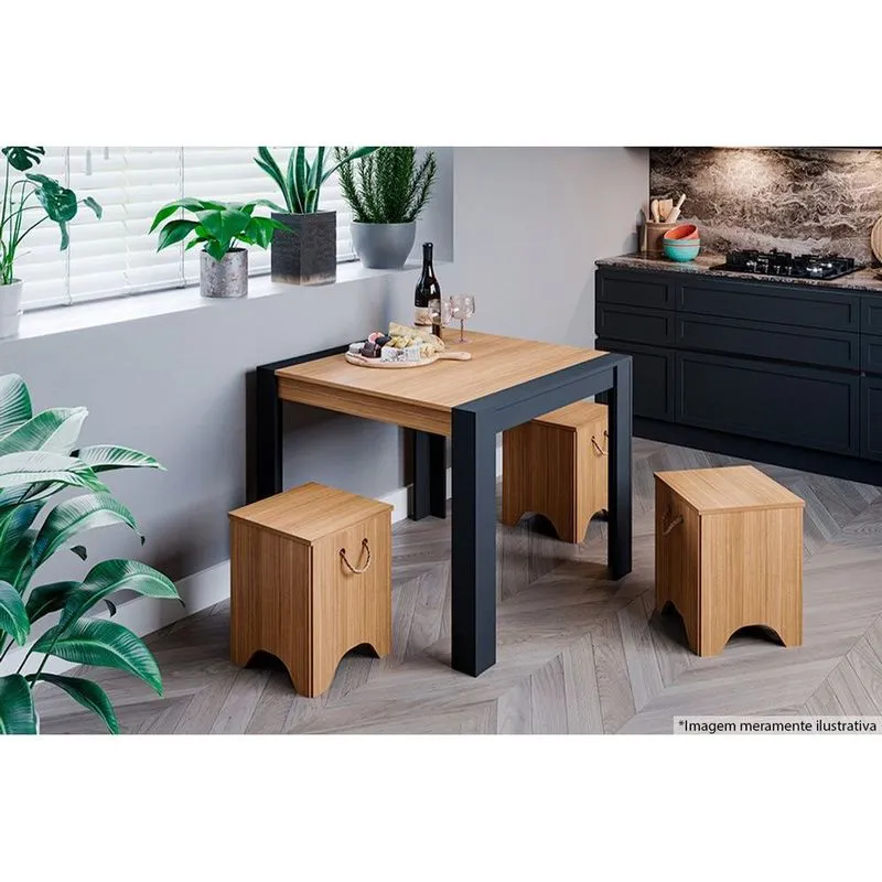 Conjunto: Mesa de Cozinha Grace c/ Tampo Madeirado 90cm + 4 Bancos Kim Cinza/Nature - Cimol