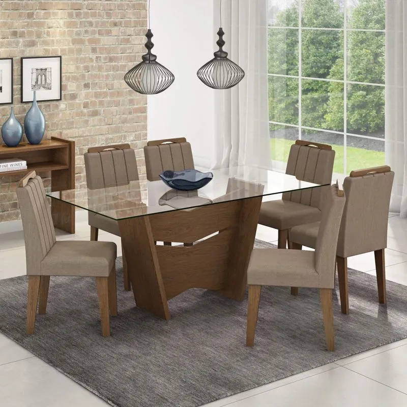 Conjunto Sala de Jantar Mesa Vitória 6 Cadeiras Elisa Cimol Savana/Canela