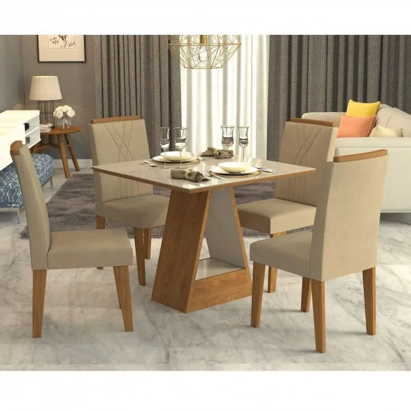 Conjunto Sala de Jantar Mesa Alana 4 Cadeiras Nicole Cimol Savana/Off White/Suede Marfim
