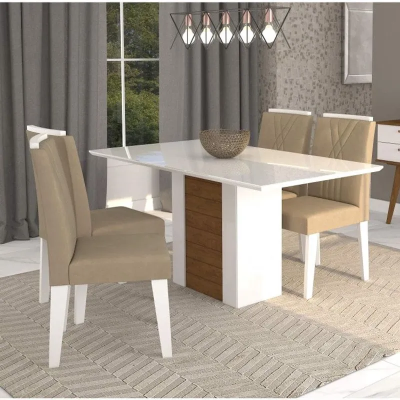 Conjunto Sala de Jantar Mesa Rafaela 4 Cadeiras Nicole Cimol Branco/Savana/Suede Marfim