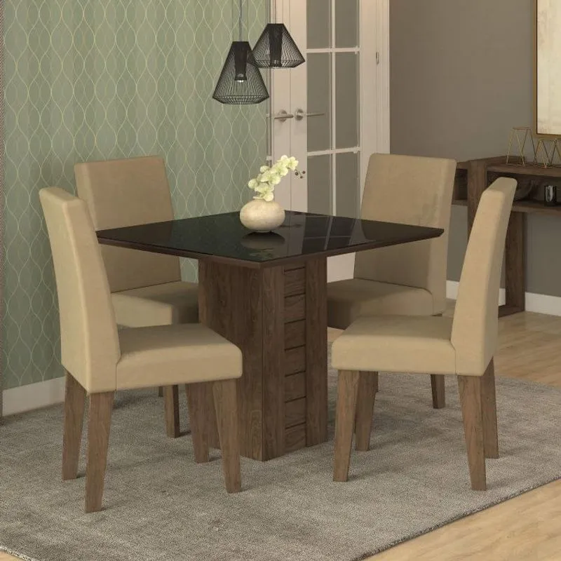 Conjunto Sala de Jantar Mesa Rafaela 4 Cadeiras Milena Cimol Marrocos/Preto/Suede Marfim