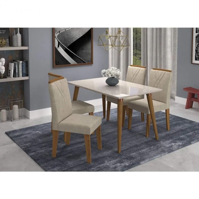 Conjunto Sala de Jantar Mesa Adele 4 Cadeiras Nicole Cimol Madeira/Off White/Savana/Bege