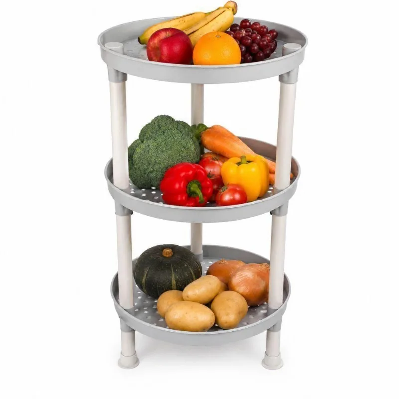 Fruteira Redonda 3 Andares Plastica Multiuso Organizador Cozinha Porta Legumes Cesto Frutas Cinza