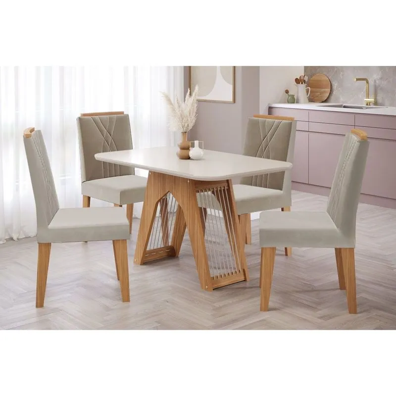 Sala Jantar Mesa Carol Tampo Madeirado c/ Vidro 130x80cm e 4 Cadeiras Nicole Nature-Madeirado/Off White-Suede Nude Bege - Cimol