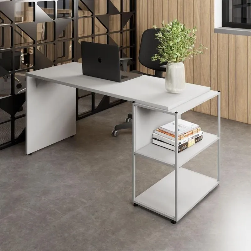 Escrivaninha Com Estante Baixa 3 Prateleiras Escritório 150cm Cinza F5 Office