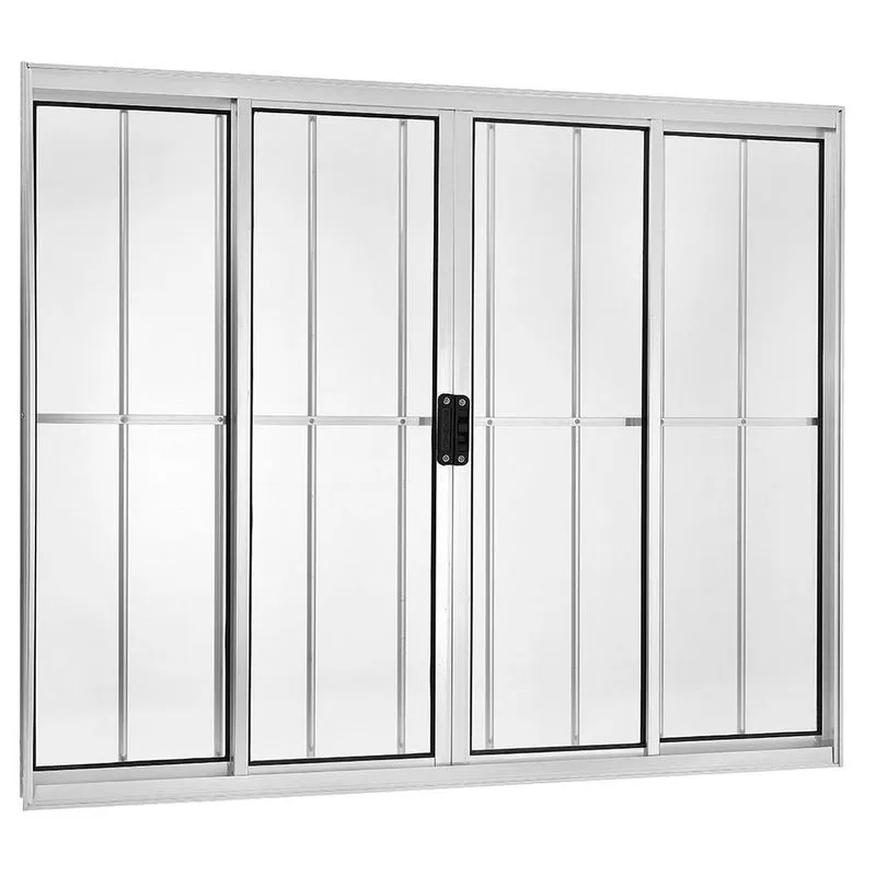 Janela Correr 4 Folhas Central Com Grade Vidro Liso 100x100cm Brilhante Ecosul Esquadrisul Branco Brilhante