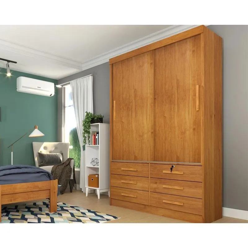 Guarda Roupa 2 Portas Chicago c/ de Correr e 6 Gavetas Cinamomo - Tcil Móveis