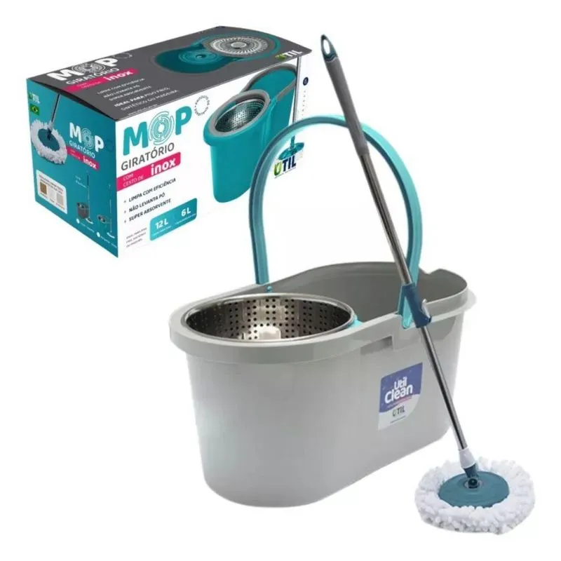 Mop De Limpeza Giratorio Com Cesto Aço Inox Balde Esfregão
