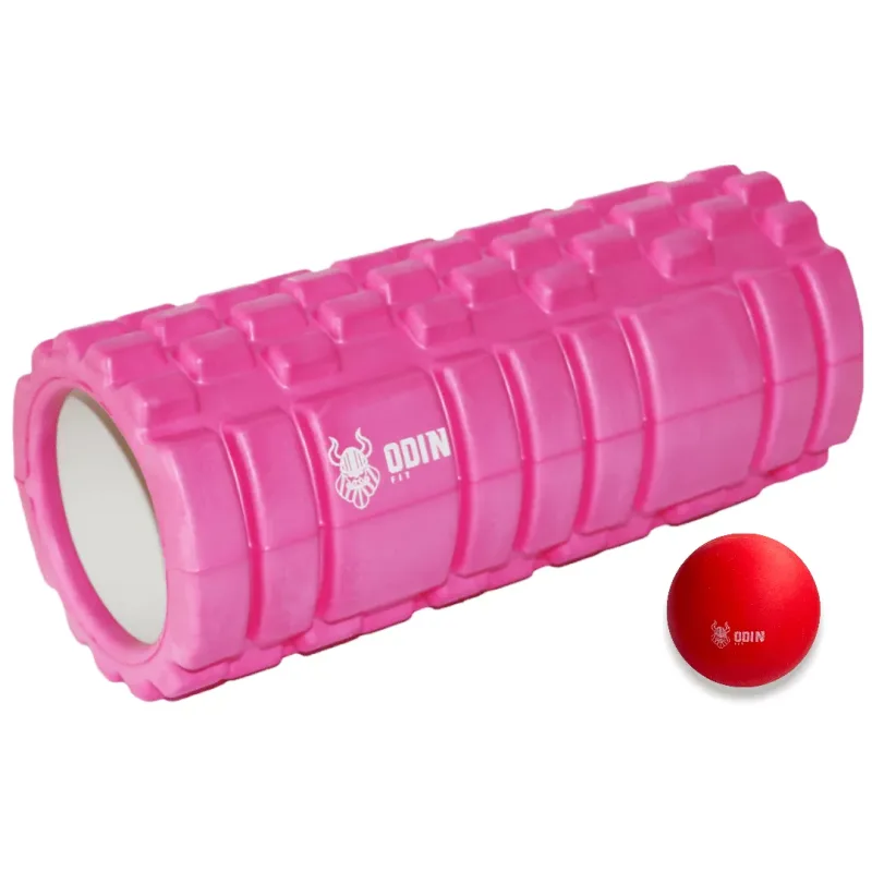 Kit Massagem Odin Fit Rolo de Liberação Miofascial Rolinho Texturizado Rosa e Bola Lacrosse Ball