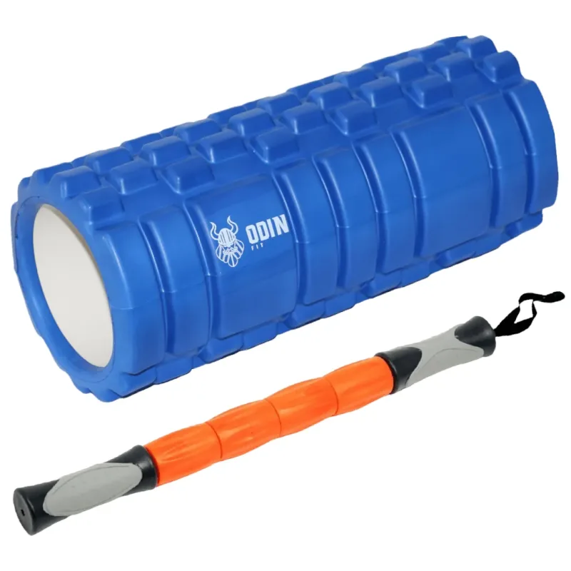 Kit Massagem Odin Fit Rolo de Liberação Miofascial Rolinho Texturizado Azul e Bastão
