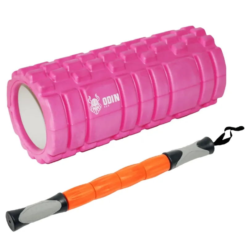 Kit Massagem Odin Fit Rolo de Liberação Miofascial Rolinho Texturizado Rosa e Bastão